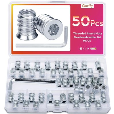 Gorffy Einschraubmutter M6 x 25mm, 50 Stück Gewindeeinsatz für Holz, verzinkter