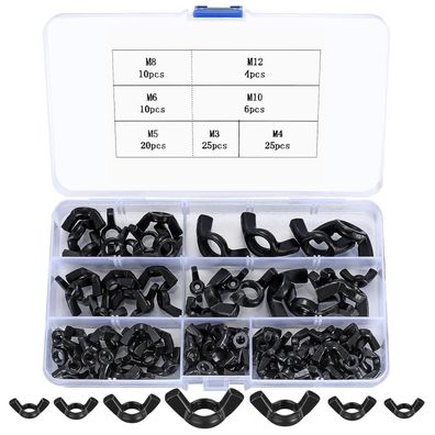100 Stk. Flügelmuttern Sortiment Kit aus Kohlenstoffstahl, M3-M12, Schwarz