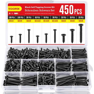 YOOPIN Schrauben Set 450 Stück M3 M3.5 M4 Holzschrauben Selbstschneidende