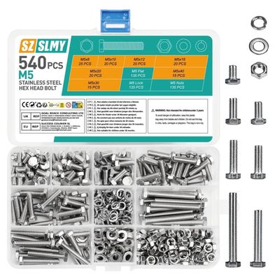 540tlg M5 Sechskantschrauben Muttern Set Edelstahl mit Unterlegscheiben und