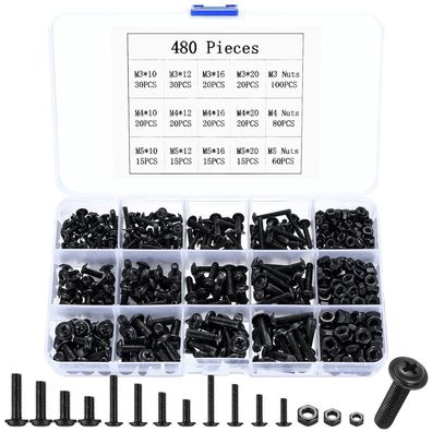 SZSLMY M3 M4 M5 Schrauben Set, 480 Stück Linsenkopfschrauben mit Muttern