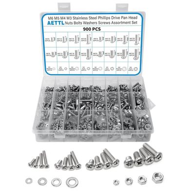 AETTL 900tlg. Edelstahl Schrauben Set M3-M6 mit Muttern & Unterlegscheiben