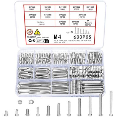 600 Stück M4 Schrauben Set mit Muttern und Unterlegscheiben