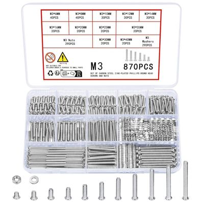 Vwoqiy 870tlg M3 Schrauben Set mit Muttern und Unterlegscheiben, Linsenkopf