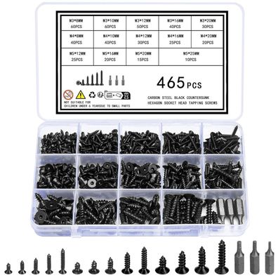 465 Stück M3-M5 Holzschrauben Sortiment Set, Flachkopf Selbstschneidende