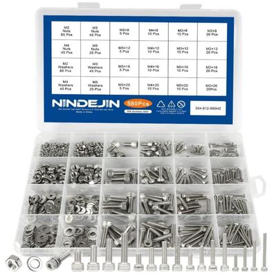 Nindejin 580tlg Innensechskantschrauben Sortiment M2-M5, Edelstahl, mit