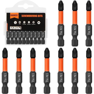 Baidets Pro PZ2 Schrauber Bit Set, 10 Stück, 50mm Länge, 1/4" Sechskantschaft