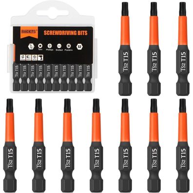 Baidets Pro T15 Torx Schrauber Bits - 10 Stück, 50mm, 1/4" Sechskantschaft