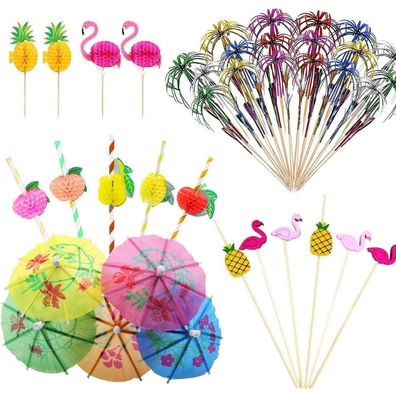 OMIGA 150er Cocktail Deko Set: Schirmchen, Feuerwerk, Palmen, Ananas, Flamingo