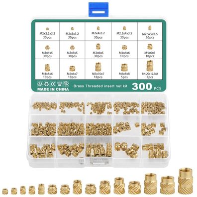 Faankiton 300x Messing Gewindeeinsätze M2-M6, 15 Größen gerändelte Muttern für