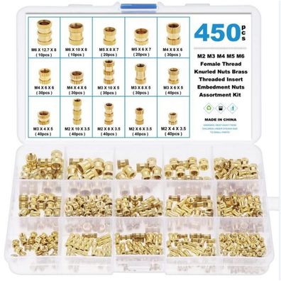 Faankiton 450x Messing Gewindeeinsätze M2-M6, 15 Größen für 3D Druck