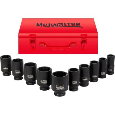 Meiwaltee 3/4" Schlagschrauber Nüsse Set, 10-teilig, 90mm Tief, Metrisch 22-50mm