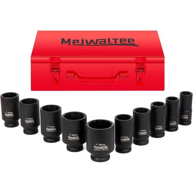 Meiwaltee 1" Schlagschrauber Nüsse Set, 10-tlg, 90mm tief, 12-Punkt, Cr-Mo Stahl