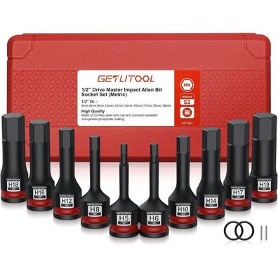 Getlitool 10tlg 1/2" Innensechskant Schlagschrauber Nüsse Set, HX 5-19mm