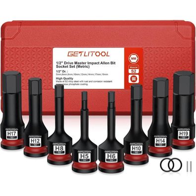 Getlitool 1/2" Innensechskant Schlagschrauber Nüsse Set, 8-tlg S2-Stahl, 5-19mm