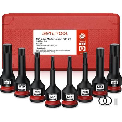 Getlitool 1/2" Kraft Vielzahn Bit Schlagschrauber Nüsse Satz, 8-tlg, S2-Stahl
