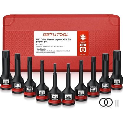 Getlitool 1/2" Kraft Vielzahn Bit Steckschlüssel Satz, 10tlg XZN M5-M18, 78mm
