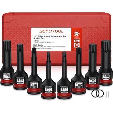 Getlitool 1/2" Kraft Torx Bit Steckschlüssel Satz, 8-teilig, T30-T80