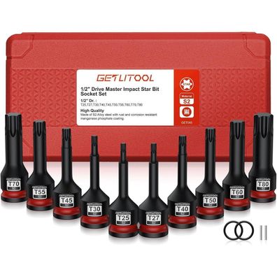 Getlitool 1/2" Kraft Torx Bit Nüsse Satz, 10tlg, S2-Stahl, T25-T80, 78mm