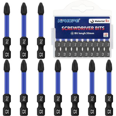 HPHOPE PH2 Bits, 10 Stück 50mm Phillips Schraubendreherbits, Bit-Sortiment