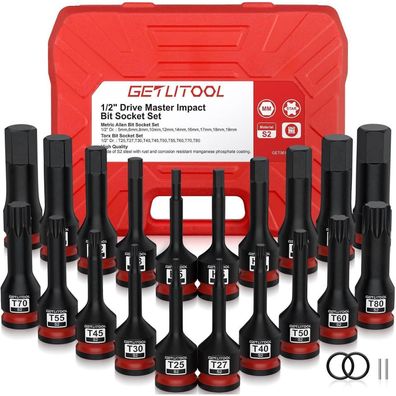 Getlitool 1/2" Kraft Sechskant & Torx Bit Schlagschrauber Nüsse, 20tlg