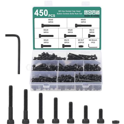 Faankiton M5 Zylinderschrauben Set mit Muttern, 450 Stück, 12.9 Kohlenstoffstahl