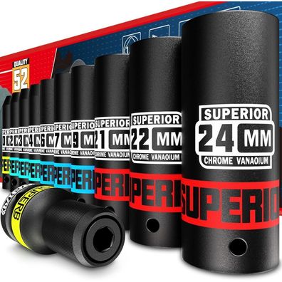 KIRXST 11-tlg Schlagschrauber Nüsse Satz, 1/2 Zoll Langnüsse 10-24mm mit 1/4"