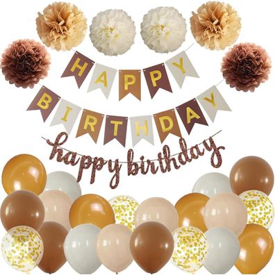 Ohighing Geburtstag Party Deko Set Braun Beige - Girlande, Luftballons, Pompoms