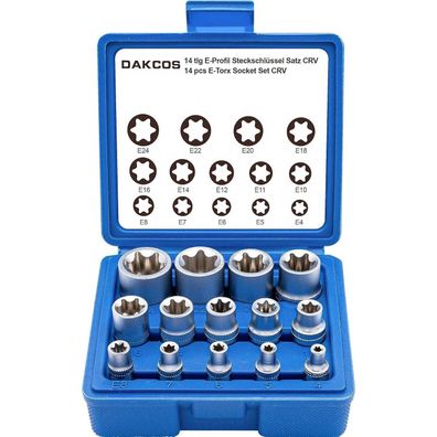 DAKCOS 14-tlg. Außen Torx Nuss Set E4-E24 | 1/4", 3/8", 1/2" Steckschlüssel