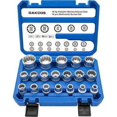 DAKCOS 19tlg 1/2" XZN Vielzahn Nuss Set Steckschlüssel Satz 8-32mm Nusskasten