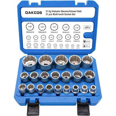 DAKCOS 21tlg 1/2" Vielzahn Nuss Satz für 6/12 Kant SW 8-36mm, CR-V, mattchrom
