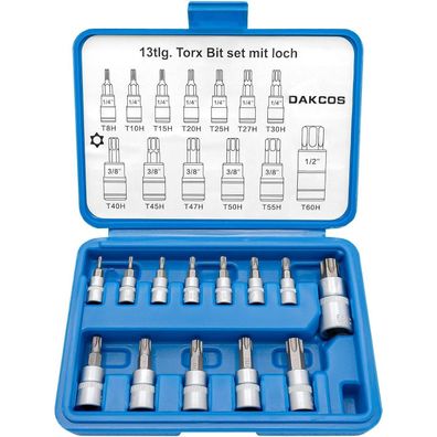 DAKCOS 13tlg Torx Bit Set Steckschlüsselsatz T8H - T60H mit Bohrung, CR-V Stahl