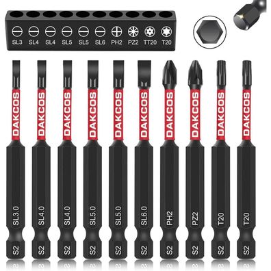 DAKCOS 10tlg Schraubendreher Bit Set 75mm, PH/PZ/SL/Torx, S2 Stahl, 1/4"