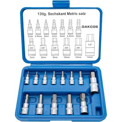 DAKCOS 13tlg Sechskant Steckschlüsselsatz Metric 2mm-14mm, Hex Bit Socket Set