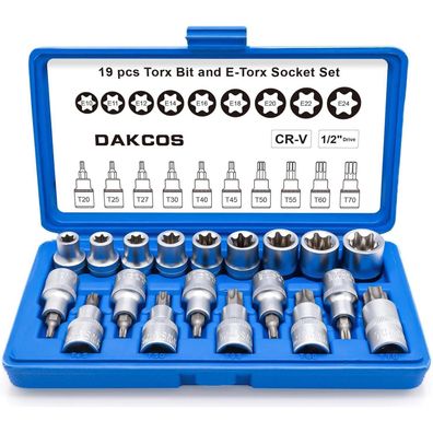 DAKCOS 19tlg Torx Steckschlüssel Satz & Bit Set 1/2" E10-E24 & T20-T70 CR-V
