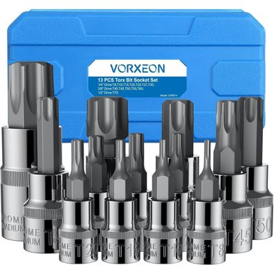 Vorxeon Torx Bit Steckschlüsselsatz 13-teilig (T8-T70) | 1/4, 3/8, 1/2 Zoll