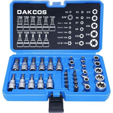 DAKCOS 34tlg Torx Steckschlüssel & Bit Satz Innen Außen E4-E20 T10-T60 CR-V S2