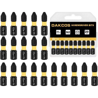 DAKCOS PZ2 Bit Set, 20 Stück, 25 mm, 1/4" Sechskant, S2 Stahl