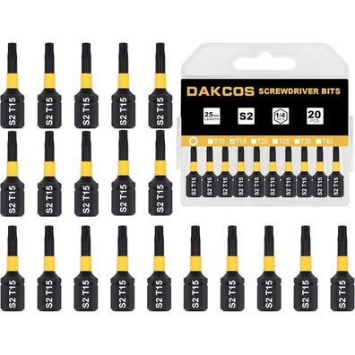 DAKCOS T15 Torx Bits, S2 Stahl, 1/4" Sechskantschaft, 25mm Länge, 20 Stück