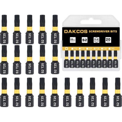 DAKCOS T25 Torx Bit Set, 25mm Länge, 20 Stück S2 Stahl Schrauber-Bits mit 1/4"