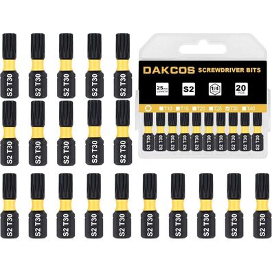 DAKCOS T30 Torx Bit Set, 25mm Länge, 20 Stück S2 Stahl Schrauber-Bits mit 1/4"