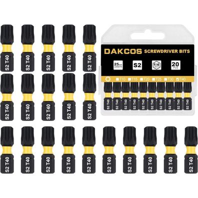 DAKCOS T40 Torx Bit Set, 20 Stück S2 Stahl, 1/4" Sechskant, 25mm