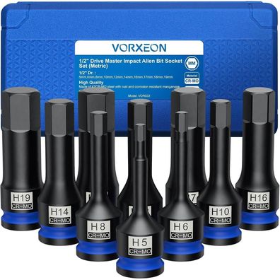 Vorxeon 10-teiliges 1/2" Schlagschrauber Nüsse Set, Sechskant Steckschlüssel
