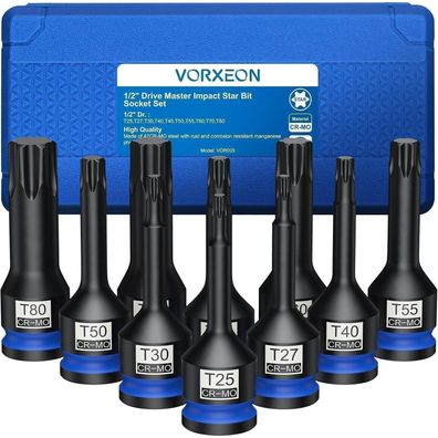 Vorxeon 10-teiliger 1/2" Torx Bit Steckschlüssel Satz T25-T80 aus 42CRMO Stahl