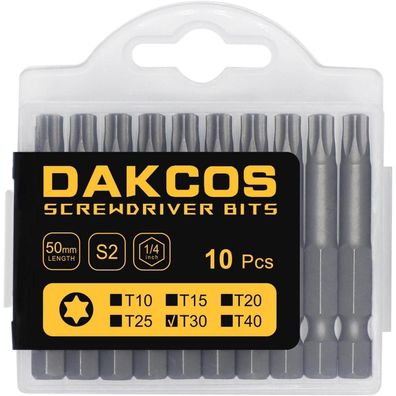 DAKCOS T30 Torx Bit lang, 50mm, 10 Stück S2 Stahl Bit-Sortiment