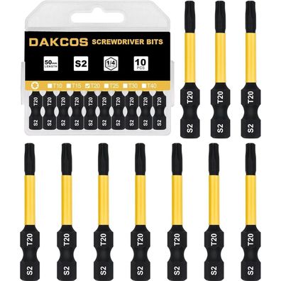 DAKCOS T20 Torx Bit lang, 50mm, 1/4" Sechskantschaft, S2 Stahl, 10 Stück