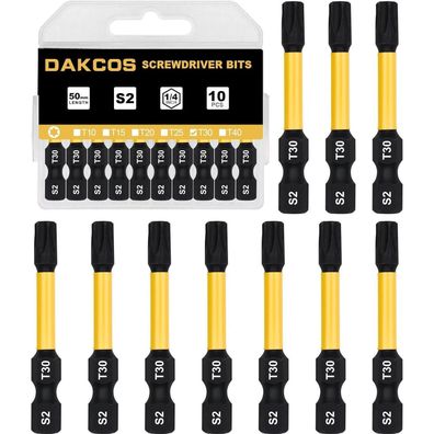 DAKCOS T30 Bit lang, 50mm, 1/4" Sechskantschaft, S2 Stahl, 10 Stück