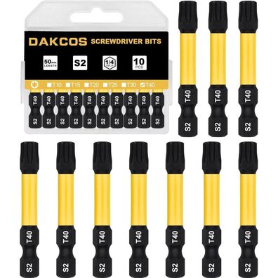 DAKCOS T40 Torx Bit lang, 50mm, 1/4" Sechskantschaft, S2 Stahl, 10 Stück