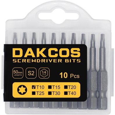 DAKCOS T10 Torx Bit lang, 50mm, 10 Stück S2 Stahl Bit-Sortiment