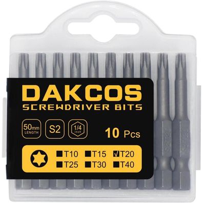 DAKCOS T20 Torx Bit lang, 50mm, 10 Stück S2 Stahl Bit-Sortiment
